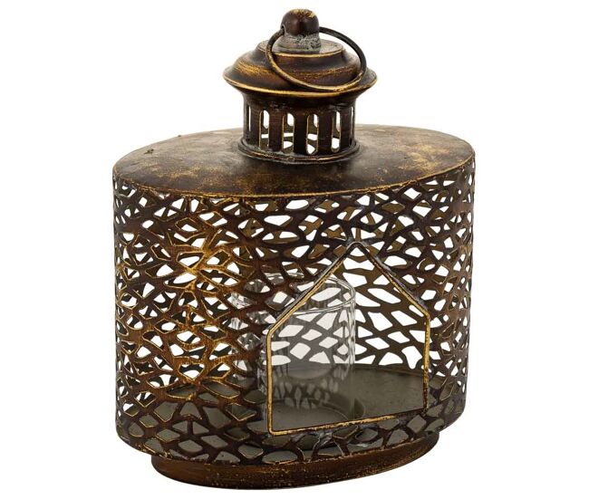 Portavelas de metal en tono marrón, con dimensiones de 21.5x13.5x26h cm