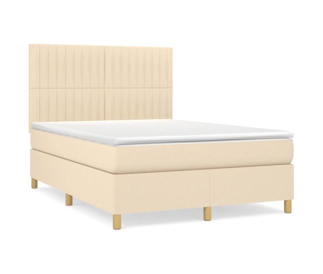 Cama box spring con colchón tela color crema 140x190 cm rayas verticales