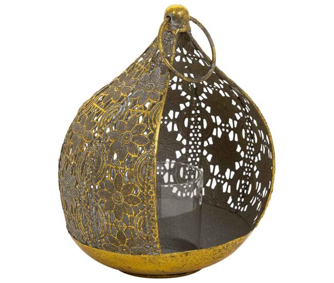 Portavelas de metal dorado, con dimensiones de 18.5x17x23.5 cm