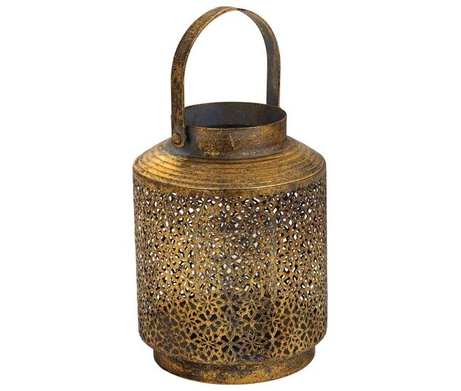 Portavelas de metal en tono dorado de 16x16x21h cm