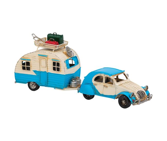 Coche remolque con caravana de metal en color azul mide 41x9.5x15.5h cm