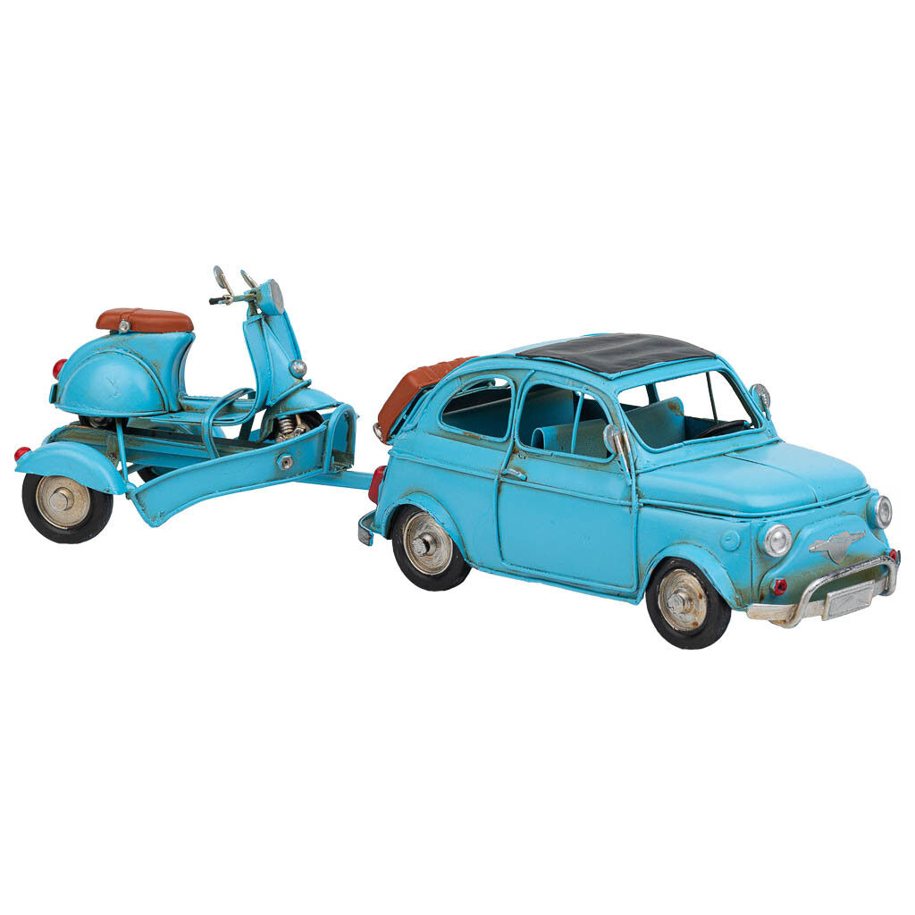Coche de remolque con moto de metal azul 34x10x10.5