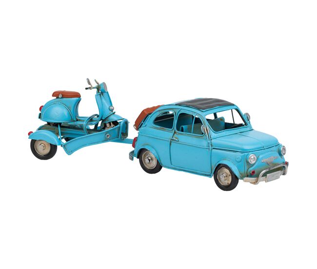 Coche de remolque con moto de metal azul 34x10x10.5
