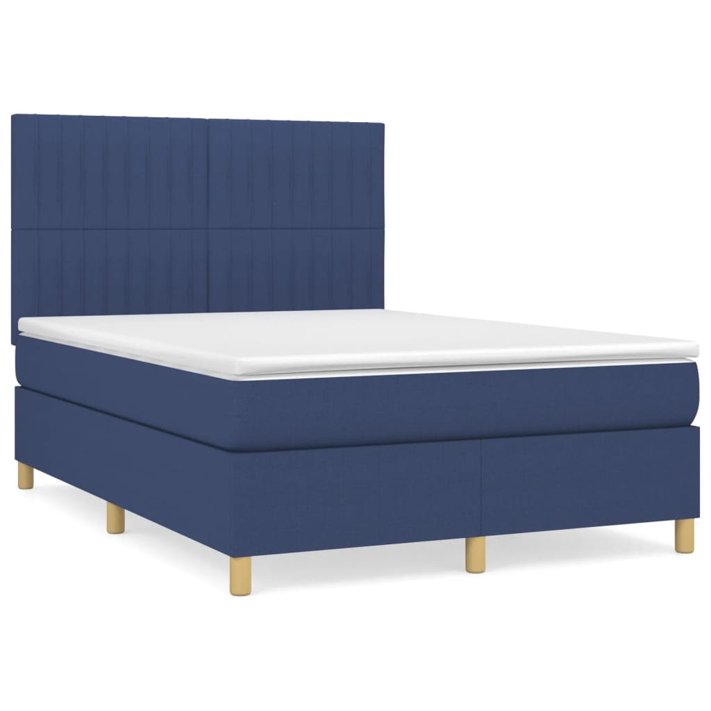 Cama box spring con colchón tela azul 140x200 cm rayas verticales