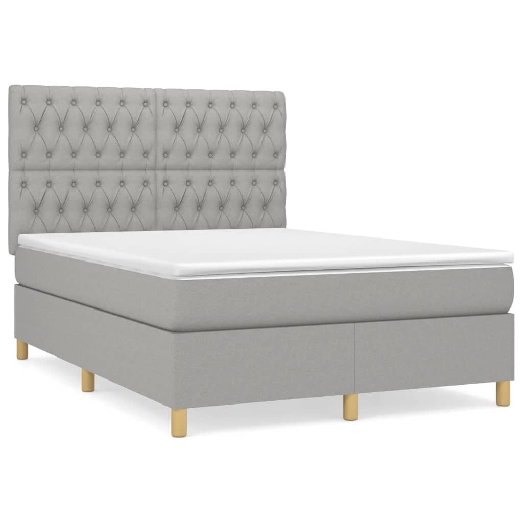 Cama box spring con colchón tela gris claro 140x190 cm diseño de botones