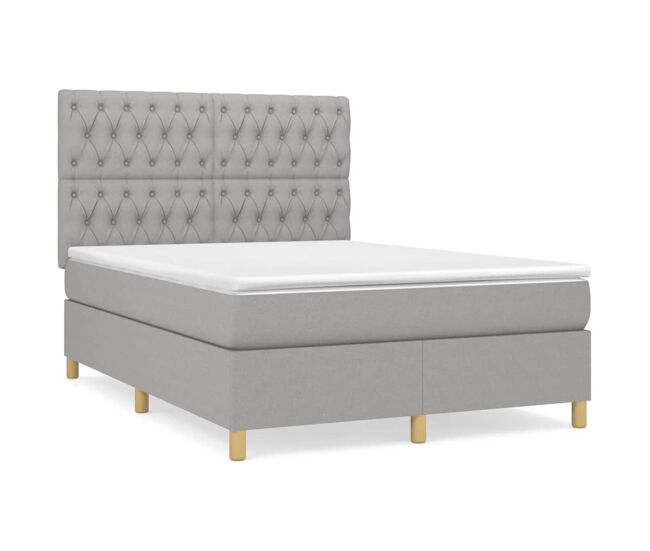 Cama box spring con colchón tela gris claro 140x190 cm diseño de botones