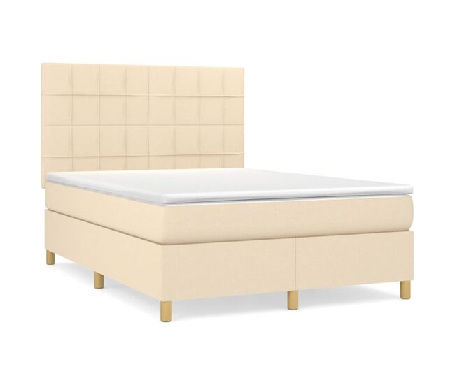 Cama box spring con colchón tela color crema 140x200 cm bloques con cuadros
