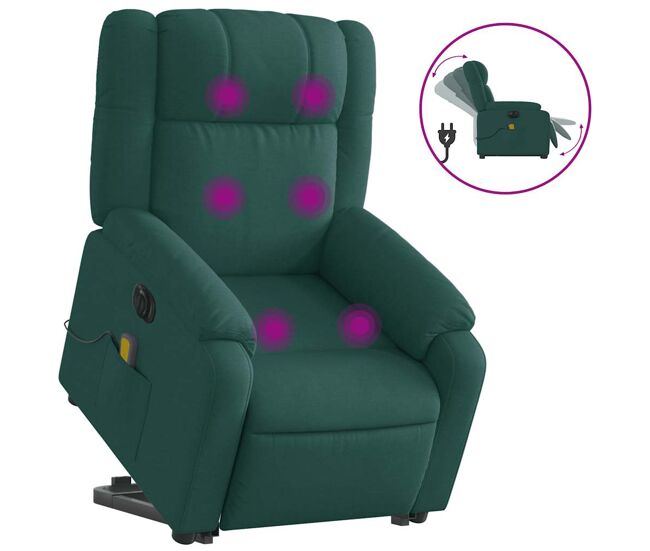 Vidaxl sillón masaje eléctrico reclinable elevable tela verde oscuro