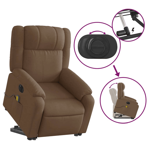 vidaXL Poltrona elétrica elevatória massagens tecido castanho