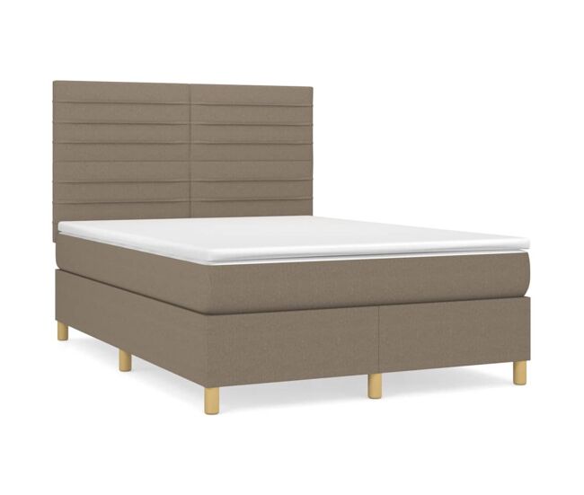 Cama box spring con colchón tela gris taupe 140x190 cm rayas horizontales