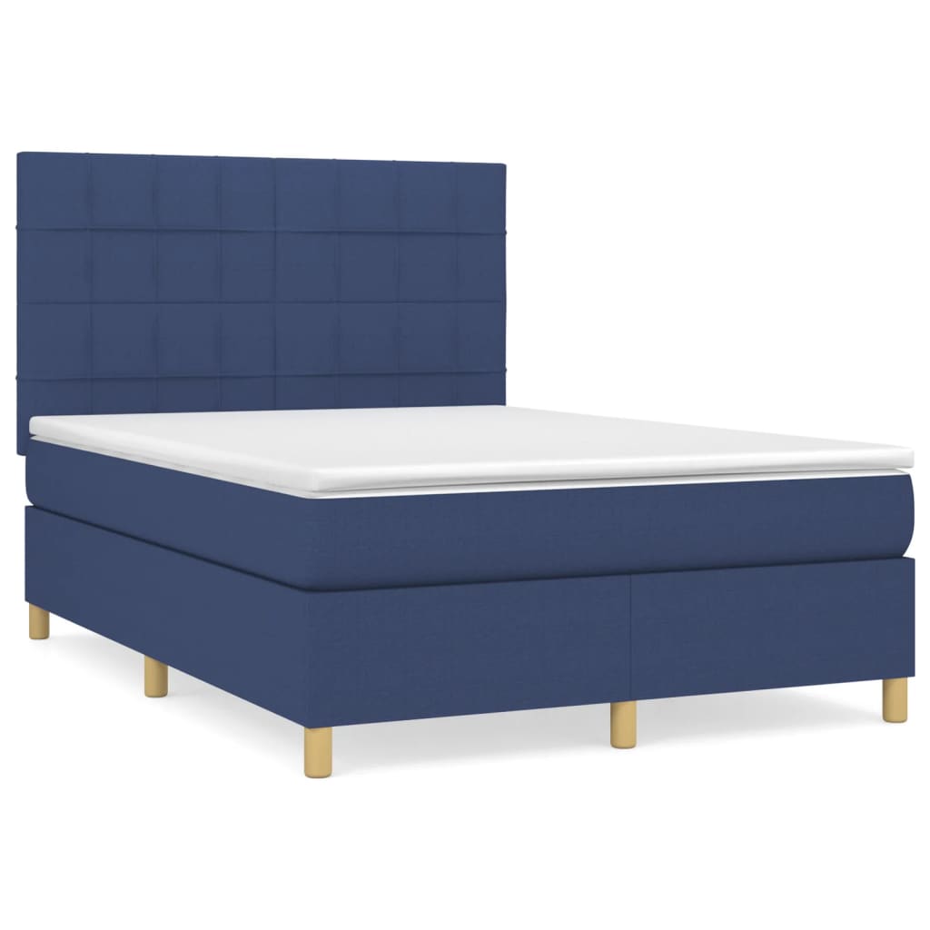 Cama box spring con colchón tela azul 140x200 cm bloques con cuadros