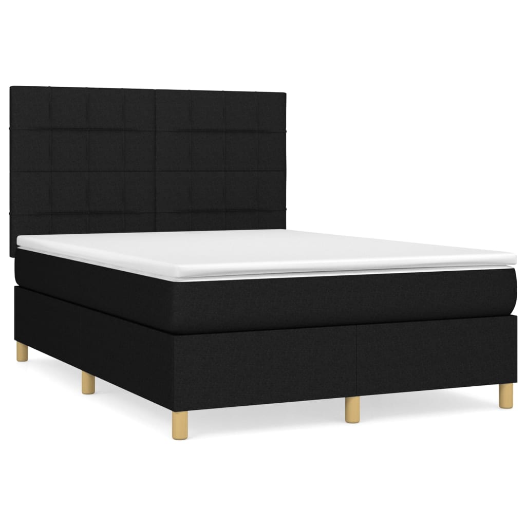 Cama box spring con colchón tela negro 140x190 cm bloques con cuadros