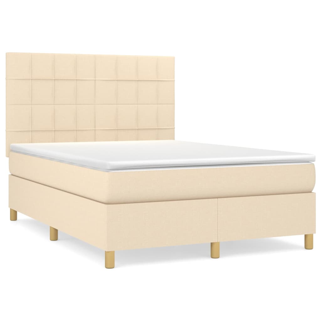 Cama box spring con colchón tela color crema 140x190 cm bloques con cuadros