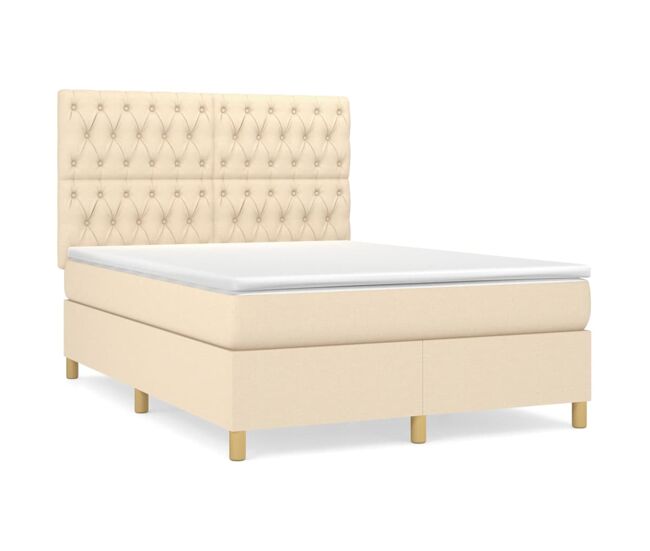 Cama box spring con colchón tela color crema 140x190 cm diseño de botones