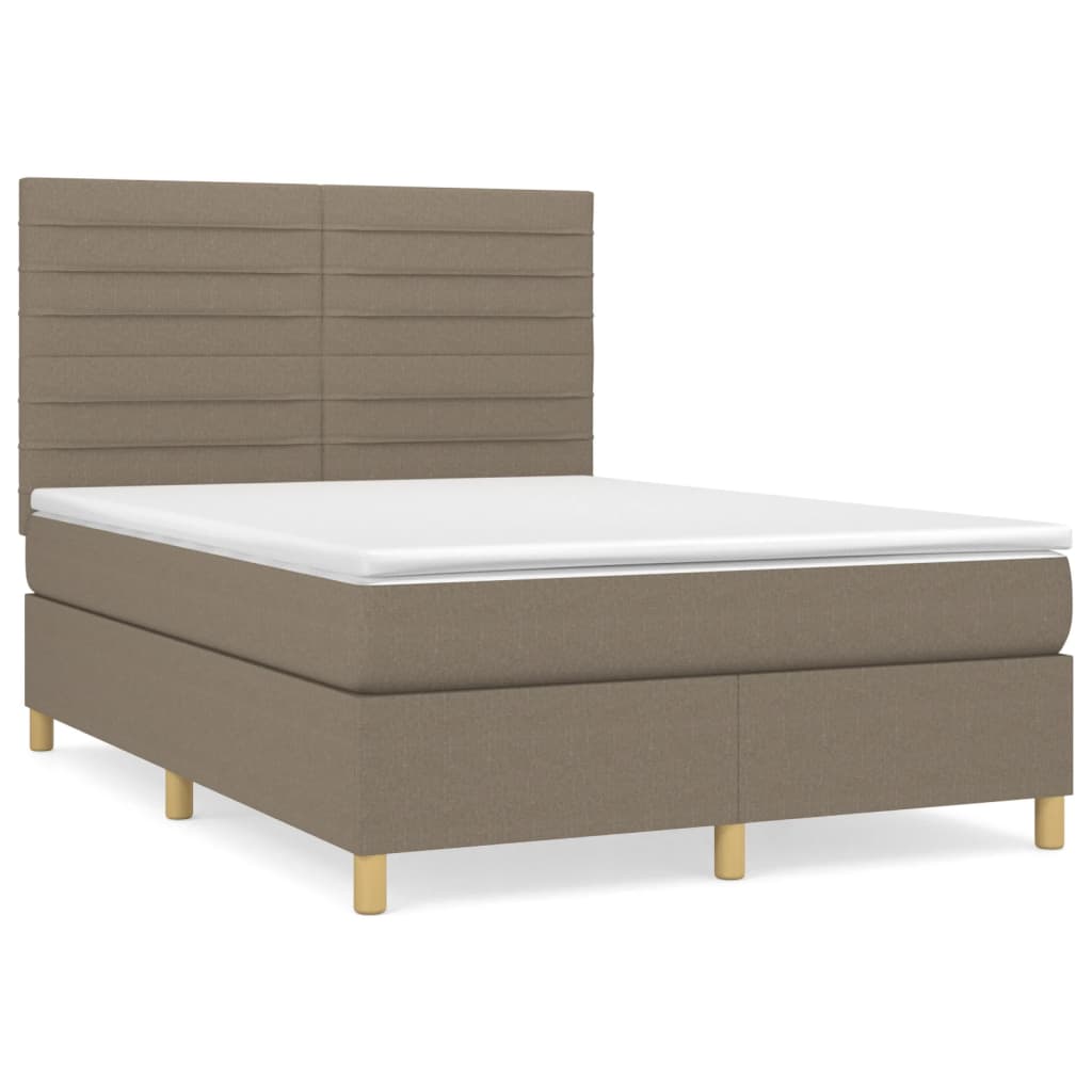Cama box spring con colchón tela gris taupe 140x200 cm rayas horizontales
