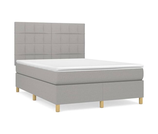 Cama box spring con colchón tela gris claro 140x190 cm bloques con cuadros