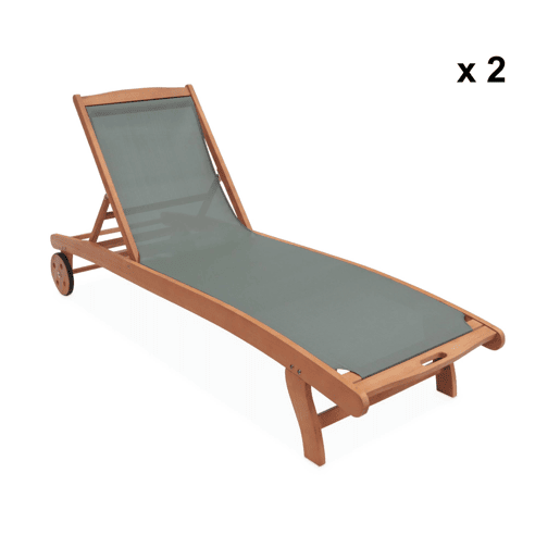 Espreguiçadeira de madeira multiposições com rodízios, set de 2, Marbella, Verde caqui, 196x68x91 cm