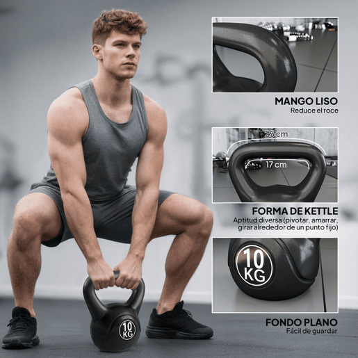 HOMCOM Peso Russo de 10 kg Kettlebell Preenchido de Areia com Punho Largo e Antiderrapante para Trenos em Casa e Ginásio 25x19x28 cm Preto
