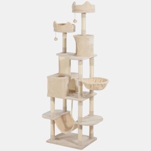 PawHut Arranhador para Gatos Grande Altura 173 cm Arranhador para Gatos Torre para Gatos com Plataformas Caverna Bolas Suspensa e Rede Bege