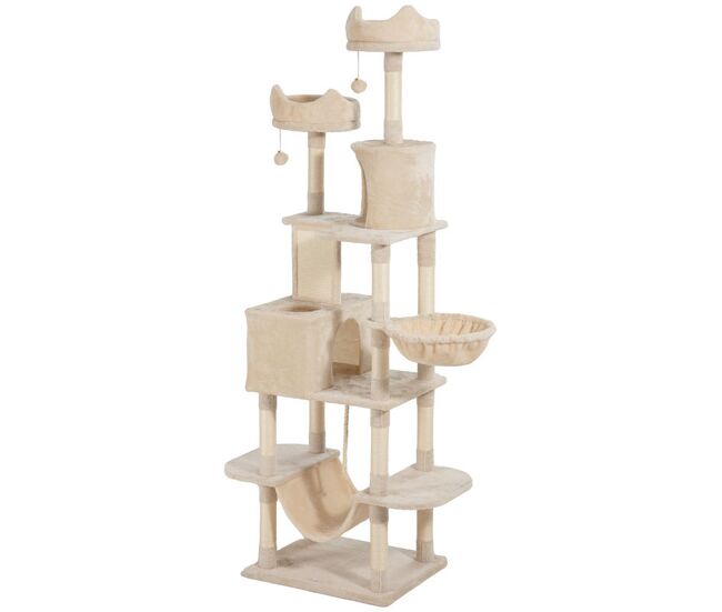 Pawhut rascador para gatos grande altura 206 cm árbol para gatos torre de escalera con plataformas cuevas bolas colgantes y hamacas beige