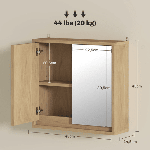 HOMCOM Armário de Casa de Banho com Espelho Móvel Suspenso de Casa de Banho com Prateleira Interior Ajustável em 3 Níveis e 2 Portas 48x14,5x45 cm Madeira