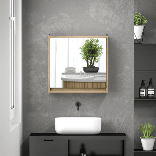 HOMCOM Armário de Casa de Banho com Espelho Móvel Suspenso de Casa de Banho com Prateleira Interior Ajustável em 3 Níveis e 2 Portas 48x14,5x45 cm Madeira