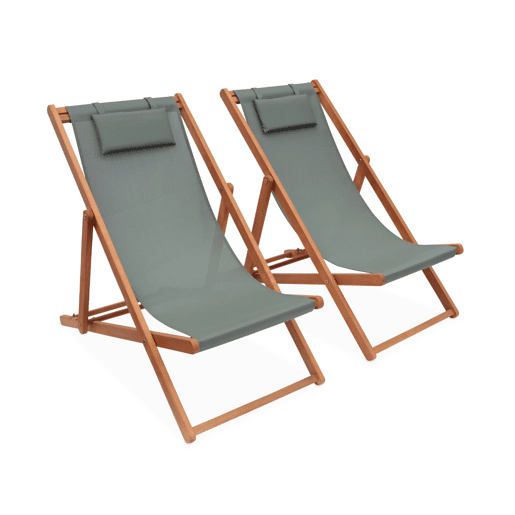 Espreguiçadeiras em madeira de eucalipto, set de 2, Creus, Verde caqui, 102x56x86 cm