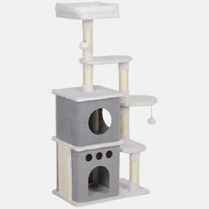 PawHut Arranhador para Gatos 126 cm Torre de Arranhar para Gatos Arranhador para Gatos com Caverna Plataformas Bolas Suspensas e Poste de Sisal 56x34x126 cm Cinza e Creme