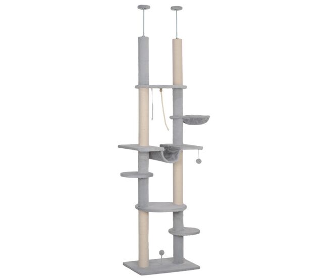 Pawhut árbol para gatos de suelo a techo 225-255 cm árbol rascador para gatos de 7 niveles torre para gatos con hamacas plataformas juguete de cuerda