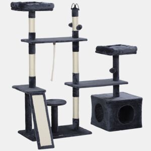 PawHut Arranhador para Gatos 134 cm Torre de Arranhar para Gatos com Caverna Plataformas Bolas de Jogar e Postes de Sisal 124,5x40x134 cm Cinza Escuro