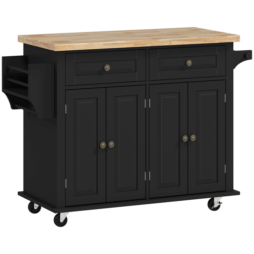 HOMCOM Ilha de Cozinha com Rodas Móvel Auxiliar de Cozinha com 2 Gavetas 4 Portas Suporte para Temperos e Barra Lateral 111x44,5x82,5 cm Preto e Madeira
