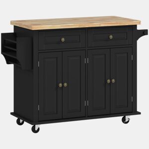 HOMCOM Ilha de Cozinha com Rodas Móvel Auxiliar de Cozinha com 2 Gavetas 4 Portas Suporte para Temperos e Barra Lateral 111x44,5x82,5 cm Preto e Madeira