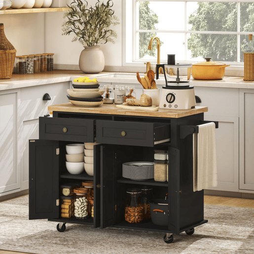 HOMCOM Ilha de Cozinha com Rodas Móvel Auxiliar de Cozinha com 2 Gavetas 4 Portas Suporte para Temperos e Barra Lateral 111x44,5x82,5 cm Preto e Madeira