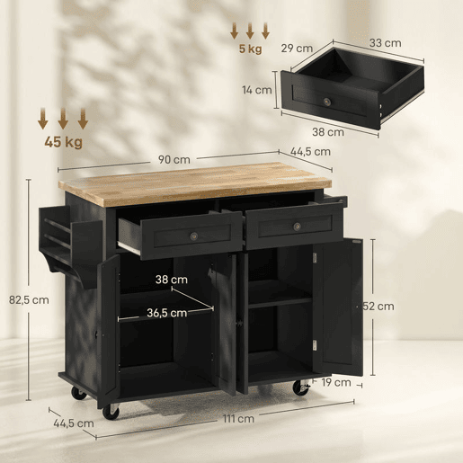 HOMCOM Ilha de Cozinha com Rodas Móvel Auxiliar de Cozinha com 2 Gavetas 4 Portas Suporte para Temperos e Barra Lateral 111x44,5x82,5 cm Preto e Madeira