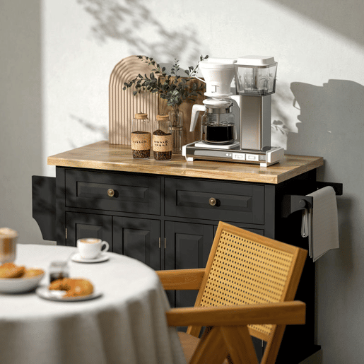 HOMCOM Ilha de Cozinha com Rodas Móvel Auxiliar de Cozinha com 2 Gavetas 4 Portas Suporte para Temperos e Barra Lateral 111x44,5x82,5 cm Preto e Madeira