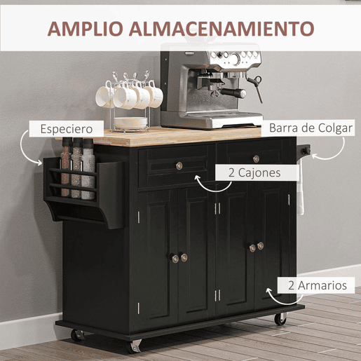 HOMCOM Ilha de Cozinha com Rodas Móvel Auxiliar de Cozinha com 2 Gavetas 4 Portas Suporte para Temperos e Barra Lateral 111x44,5x82,5 cm Preto e Madeira