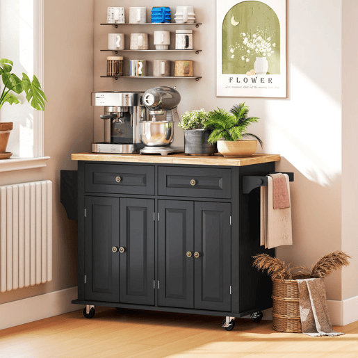HOMCOM Ilha de Cozinha com Rodas Móvel Auxiliar de Cozinha com 2 Gavetas 4 Portas Suporte para Temperos e Barra Lateral 111x44,5x82,5 cm Preto e Madeira