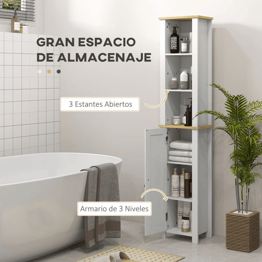 kleankin Coluna Casa de Banho Móvel Auxiliar Casa de Banho com Prateleiras Abertas Porta e Prateleira Ajustável Desenho Anti-Tombo 34x23x165 cm Branco