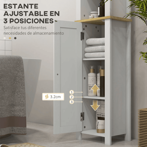 kleankin Coluna Casa de Banho Móvel Auxiliar Casa de Banho com Prateleiras Abertas Porta e Prateleira Ajustável Desenho Anti-Tombo 34x23x165 cm Branco