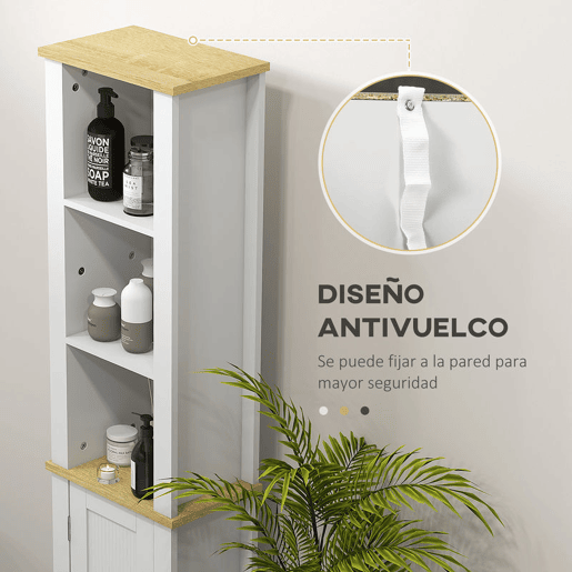 kleankin Coluna Casa de Banho Móvel Auxiliar Casa de Banho com Prateleiras Abertas Porta e Prateleira Ajustável Desenho Anti-Tombo 34x23x165 cm Branco