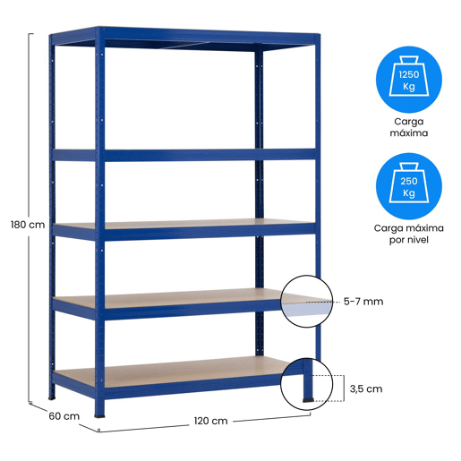 Estante Modular Azul com 5 Prateleiras Ajustáveis u200Bu200B180x120x60cm 1250Kg 7house