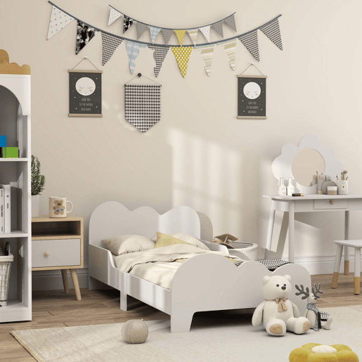 AIYAPLAY Cama para Crianças acima de 3 Anos 143,5x74,5x56 cm Estrutura de Cama Infantil com Desenho de Núvem e Barreira de Segurança para Dormitório Branco