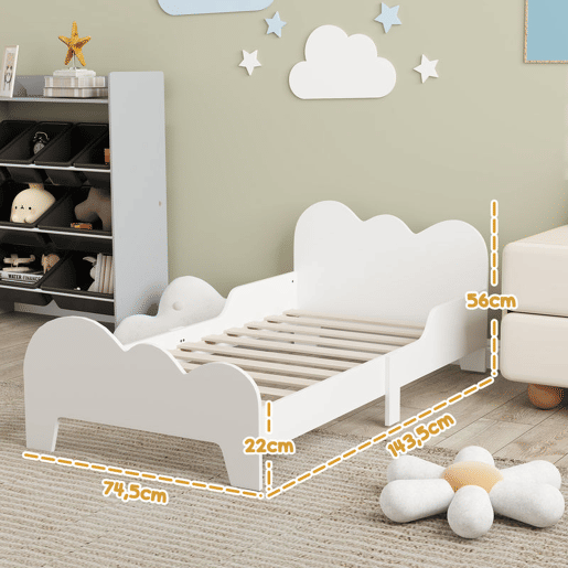 AIYAPLAY Cama para Crianças acima de 3 Anos 143,5x74,5x56 cm Estrutura de Cama Infantil com Desenho de Núvem e Barreira de Segurança para Dormitório Branco