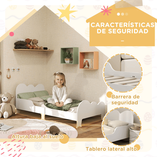 AIYAPLAY Cama para Crianças acima de 3 Anos 143,5x74,5x56 cm Estrutura de Cama Infantil com Desenho de Núvem e Barreira de Segurança para Dormitório Branco