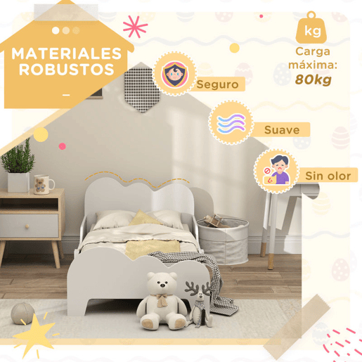 AIYAPLAY Cama para Crianças acima de 3 Anos 143,5x74,5x56 cm Estrutura de Cama Infantil com Desenho de Núvem e Barreira de Segurança para Dormitório Branco