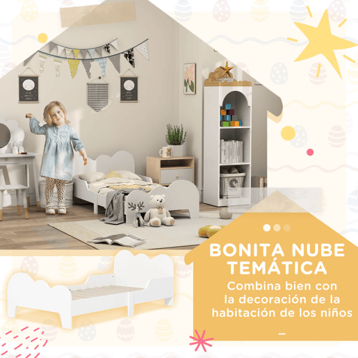 AIYAPLAY Cama para Crianças acima de 3 Anos 143,5x74,5x56 cm Estrutura de Cama Infantil com Desenho de Núvem e Barreira de Segurança para Dormitório Branco