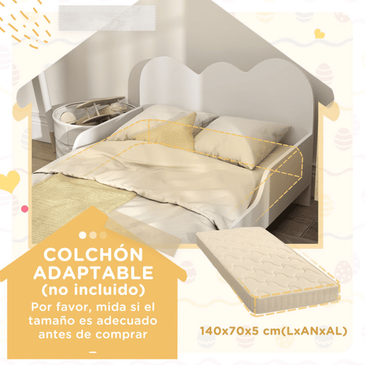 AIYAPLAY Cama para Crianças acima de 3 Anos 143,5x74,5x56 cm Estrutura de Cama Infantil com Desenho de Núvem e Barreira de Segurança para Dormitório Branco