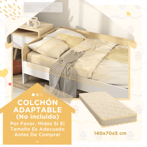 AIYAPLAY Cama para Crianças acima de 3 Anos 143,5x74x40 cm Cama de Madeira para Crianças Carga 80 kg para Dormitório Branco e Madeira