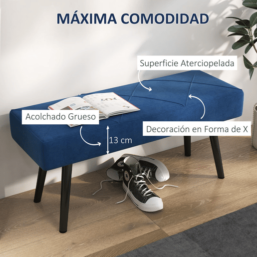HOMCOM Banco de Pé de Cama Multifuncional Banco de Pé de Cama Moderno Banco de Dormitório com Pés de Aço e Assento Acolchoado Carga Máxima 120 kg Entrada Corredor 100x36x45 cm Azul
