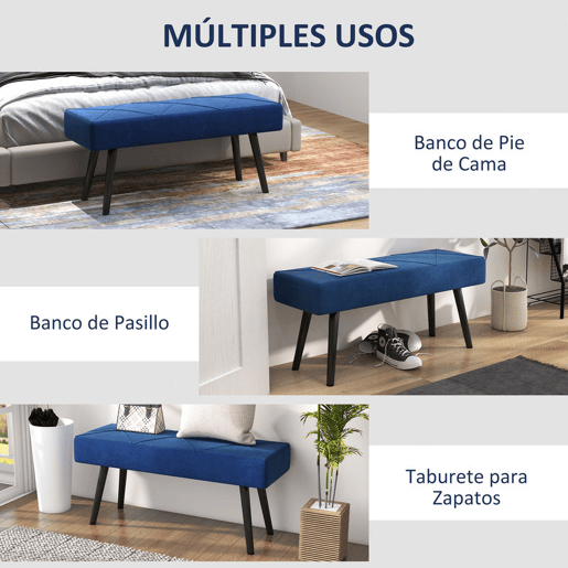 HOMCOM Banco de Pé de Cama Multifuncional Banco de Pé de Cama Moderno Banco de Dormitório com Pés de Aço e Assento Acolchoado Carga Máxima 120 kg Entrada Corredor 100x36x45 cm Azul